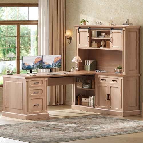 SEDETA 67" Farmhouse Executive L Shaped Desk with Hutch & Storage | Office Desks with 4 Drawers & Storage Cabinet,Executive Desk with Cabinet Doors,File Drawer,Power Outlet,Oak - color: Oak, size: 67" L Shaped Desk with Hutch