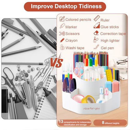 Rotating Desk Pen Organizer, 13 Storage Slots, Large Capacity Pen & Marker Holder, Multifunctional Desktop Organizer for Stationery, Cosmetics, and Kitchen (White)