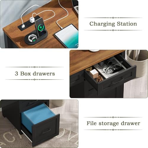 Farmhouse 47" Executive Desk, Computer Desk with File Drawer, Black Brown - color: Black Brown, size: Right Mounted