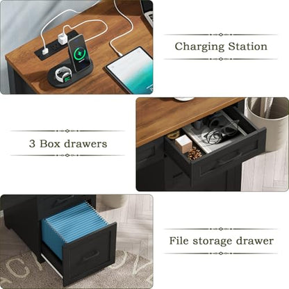 Farmhouse 47" Computer Desk, Executive Desk with File Drawer, Black Brown - color: Black Brown