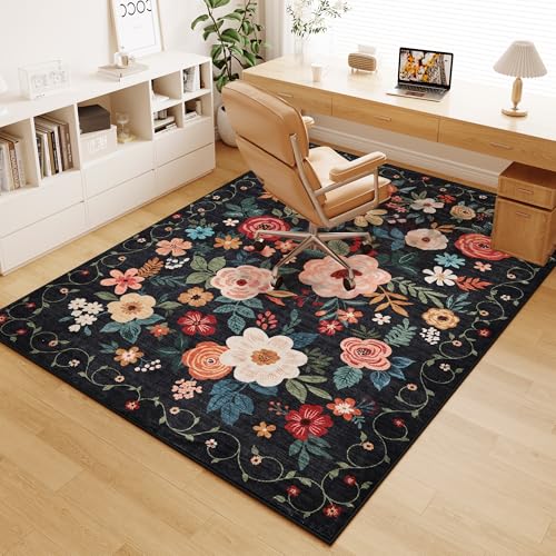 DUKINO 4x6 Area Rug, Floral Washable Office Rug Non Slip Chair Mat, Black | Low Pile, Stain Resistant, Soft Indoor Rug for Bedroom, Living Room, Dining Room, Kids Room, Pet Friendly, Modern Home Decor - color: Black, size: 4' x 6' (Rectangular)