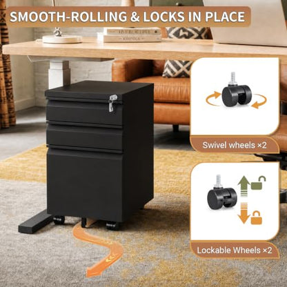 3 Drawer Small Under Desk Rolling File Cabinet with Lock for Home Office | Fully Assembled,Central Locking System,Metal,Pencil Tray,Hanging File Bar,Anti-Tipping Caster - color: Black