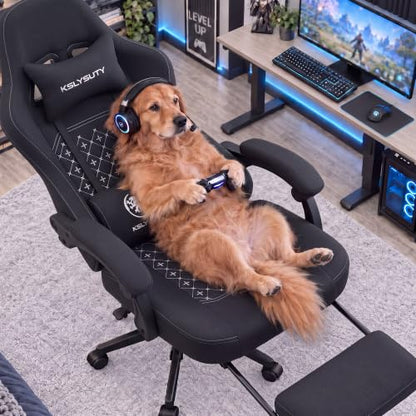 Desk Computer Gaming Chair - Ergonomic Game Office Chair with Extended Footrest and Massage Lumbar Support, Home Gamer Video Game Chairs with Spring Cushion for Adults (Pro Black Fabric) - color: Pro Black Fabric