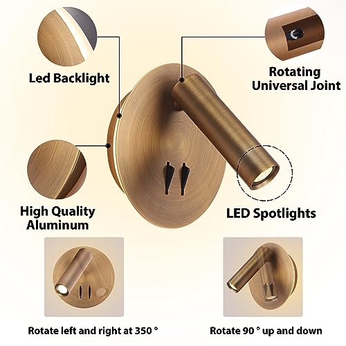 Wall Mount Reading Light for Bed, Backlight Night Wall Lamp, Hardwired Sconce with Switch, Adjustable Wall Sconce Surface Mount Book Reading Lamp,LED Wall Lighting for Bedroom Bedside Lamps (Bronze) - color: Bronze