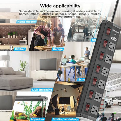 CRST 6-Outlet Metal Power Strip with Individual Switches, 15A/1875W, 15FT - color: Black, size: 15FT
