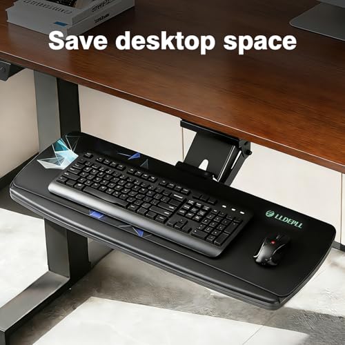 Keyboard Tray Under Desk with Storage Drawer, Height Adjustable Keyboard Tray Slide Out 360° Swivel Tilt, Ergonomic Under Desk Mount Keyboard & Mouse pad Lighting, Black - size: 25” Length with Lighting