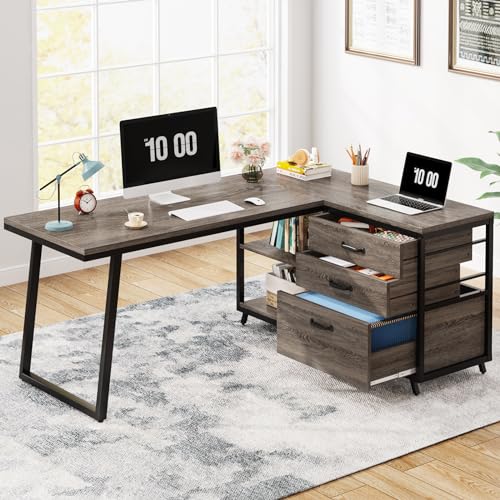 Tribesigns L-Shaped Desk with 3 Drawers, Reversible Corner Home Office Computer Desk with Shelves, 53-Inch Industrial PC Desk Study Writing Table Workstation for Small Space, Grey - color: Grey