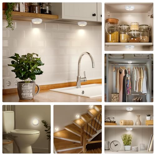 Reoshine Motion Sensor Light Indoor AA Battery Operated, Under Cabinet Lighting, Magnetic Stick on LED Puck Lights for Stair, Wall, Closet, Dimmable, 3000K Warm White (6 Pack) - color: Warm White