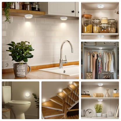 Reoshine Motion Sensor Light Indoor AA Battery Operated, Under Cabinet Lighting, Magnetic Stick on LED Puck Lights for Stair, Wall, Closet, Dimmable, 3000K Warm White (6 Pack) - color: Warm White