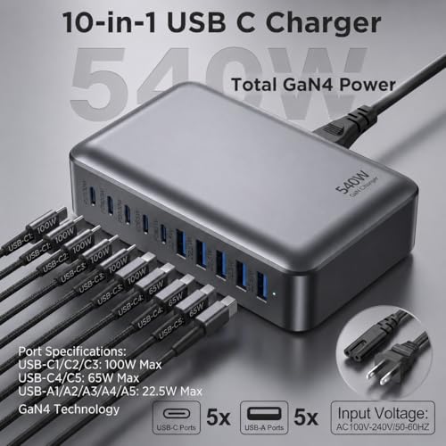 540W USB C Charger Block, 10 Port Charging Station USB Charger Block Double 100W Gan Laptop Fast Charging Compatible with MacBook Air/Pro, iPhone, iPad, Dell XPS, Samsung Galaxy Note - size: 540W
