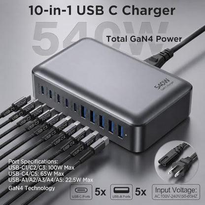 540W USB C Charger Block, 10 Port Charging Station USB Charger Block Double 100W Gan Laptop Fast Charging Compatible with MacBook Air/Pro, iPhone, iPad, Dell XPS, Samsung Galaxy Note - size: 540W