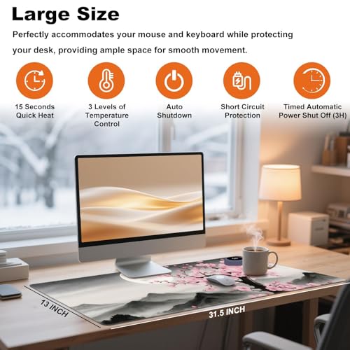 Heated Desk Pad 31.5" x 13" 3 Large Heated Mouse Pad with Heat Levels (40°C/45°C/50°C) & 3H Auto Shut-Off Desk Mat Fast Heating PU Leather Warmer Mousepad for Home Office - Cherry Blossom and Moon - color: Cherry Blossom and Moon, size: 31.5 x 13 inch