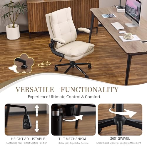 VINGLI Comfy Beige Leather Office Desk Chair, High-Back Support Ergonomic Computer Task Gaming Chair,with Removable wheels,360° Swivel,Adjustable Height,Flip-Up Arms,for Adults,Teen,Vanity,Home Office - color: Light Khaki-cat Scratch Pu