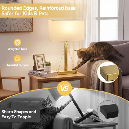 Hong-in Touch Lamps for Bedroom, Bedside Table Lamps Set 2, D. White&Gold | Modern Table Lamp for Nightstands, Desk Lamp for Bedroom, with USB C+A, End Tables Bed Side, Bulb Included, 3 Way Dimmable - color: D. White&Gold
