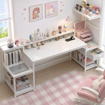 DurayLoly 63" Gaming Desk with RGB LED,Headphone Hook Shelves for Bedroom - color: White, size: 19.6"Dx63"Wx51"H