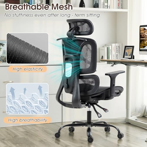Black Ergonomic Mesh High Back Office Chair | Lumbar Support, Adjustable Headrest, 3D Armrests, Reclining, Breathable Mesh, Sturdy Base, 360° Swivel, for Office, Gaming - color: Black, style: Upgrade w/o footrest