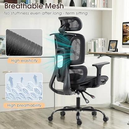 Black Ergonomic Mesh High Back Office Chair | Lumbar Support, Adjustable Headrest, 3D Armrests, Reclining, Breathable Mesh, Sturdy Base, 360° Swivel, for Office, Gaming - color: Black, style: Upgrade w/o footrest