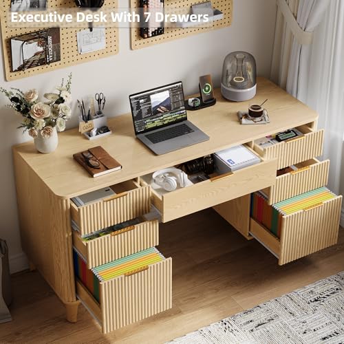 55.1" Fluted Executive Desk with Drawers, Wood Computer Desk with Storage Cabinet, Home Office Desk with Charging Station, Farmhouse Desk with File Cabinet for Office Home (Nature) - color: Nature With 4 Legs