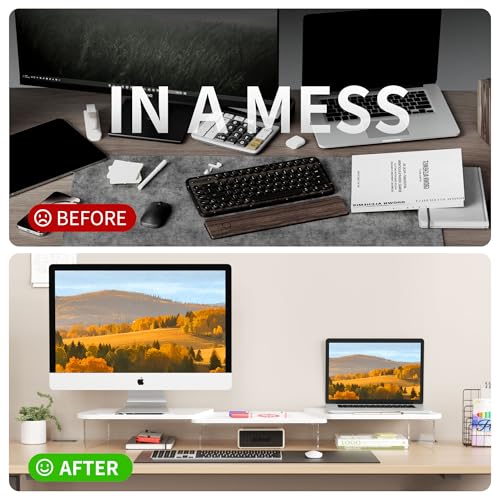 AFOOYO LED Dual Monitor Stand Riser for 2 Monitors,Office Desktop Wooden Stand Adjustable Length and Angle 3 Shelf,Extra Long Multifunctional Stand up to 39.3" for Computer,Laptop,TV,White