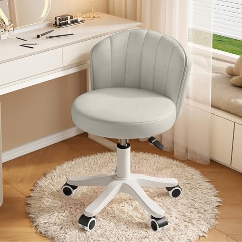Small Round Rolling Desk Chair Armless Comfy Vanity Computer Chair with Low Backrest PU Leather Height Adjustable Swivel Work Spa Chair - color: Grey, style: Set of 1 with backrest