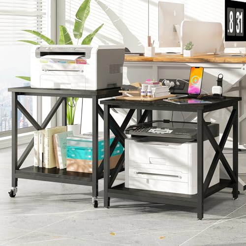 METYERRY 23.6"x23.6" Large Printer Stand with Power Outlet | 2 Tier Storage Shelf, 200 lbs Heavy Duty, Industrial Wheels, Fits 3D Printers, Laser Printers and Heat Press, Home Office - color: Black