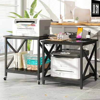 METYERRY 23.6"x23.6" Large Printer Stand with Power Outlet | 2 Tier Storage Shelf, 200 lbs Heavy Duty, Industrial Wheels, Fits 3D Printers, Laser Printers and Heat Press, Home Office - color: Black