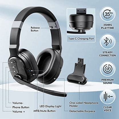 COSMUSIS Trucker Bluetooth Headset with Dongle, Wireless Headsets with Noise Cancelling Microphone, 50+Hrs HD Talktime Bluetooth Headphones with Detachable Earpad/Single+Dual Mode for Office/Driving - color: Onyx Black