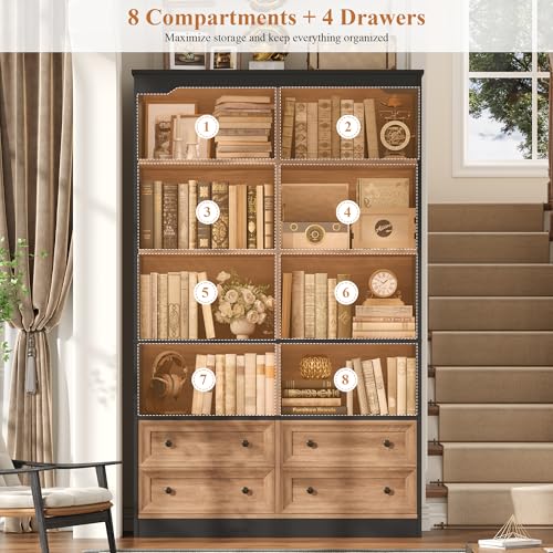 71" Tall Bookshelf with 4 Drawers Large Bookshelf Office Bookcase | 6-Tier Double Wide Bookshelves and Bookcases with Storage, Tall Bookshelf Standing Book Cabinet for Home Office, Brown/Black - color: Brown/Black