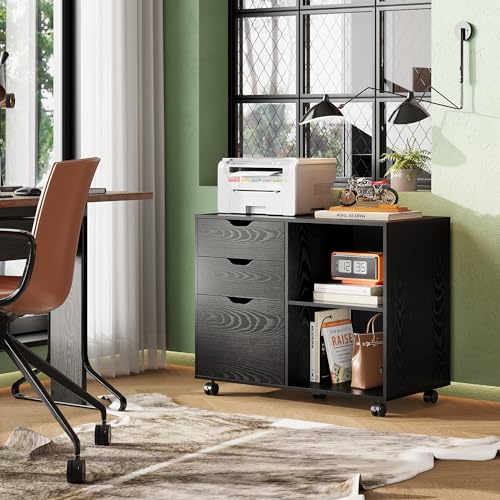 DEVAISE 3-Drawer Wood File Cabinet, Mobile Lateral Filing Cabinet, Printer Stand with Open Storage Shelves for Home Office, Black | Mobile Printer Stand, Open Storage Shelves, Letter & A4 Compatible, Wood, Home Office - color: Black