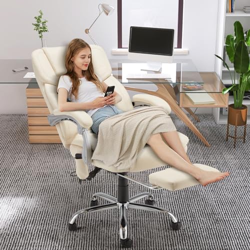 HOMREST Heated Massage Executive Office Chair with Footrest,Cream - color: Cream