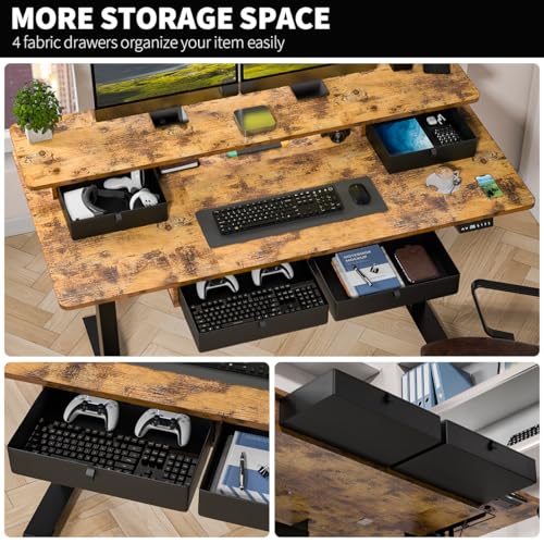Kingant Electric Standing Desk with 4 Drawers, Height Adjustable 63"x 30" - color: Rustic Brown, size: 63" x 30"