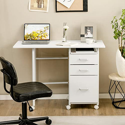 Tangkula White Folding Desk with 3 Drawers, Mobile Home Office Desk Study Writing Desk with Smooth Wheels, Space Saving Compact Table for Dorm Apartment, Rolling Couch Desk Table - color: White
