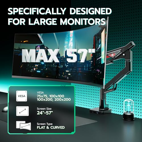ARES WING Gas Spring Ultrawide Monitor Arm 57" 66Lbs USB VESA Dual Base | Height Adjustable & Extendable, Built-in USB Port, Standard VESA, Clamp & Grommet Base, Fits Ultrawide Monitor - style: With USB