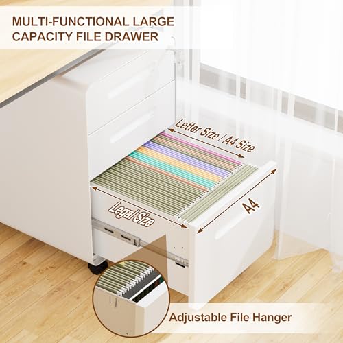 3 Drawer Mobile File Cabinet with Lock, 4 Keys and 25 Letter File Folders | Heavy-Duty Steel Rolling Filing Cabinet Pre-Assembled Under Desk for Home Office Letters/Legal/A4 Hanging File Folders - color: White, size: 23.8"H*15.7"W-3 Drawers(25 letter fold