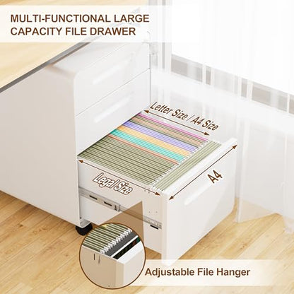3 Drawer Mobile File Cabinet with Lock, 4 Keys and 25 Letter File Folders | Heavy-Duty Steel Rolling Filing Cabinet Pre-Assembled Under Desk for Home Office Letters/Legal/A4 Hanging File Folders - color: White, size: 23.8"H*15.7"W-3 Drawers(25 letter fold