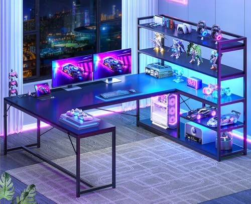 SEDETA L Shaped Gaming Desk, 63'' Reversible Computer Desk with Power Outlet and Storage Shelves, Corner Gaming Desk with LED Lights, Bookshelf for Home Office, Black - color: Black