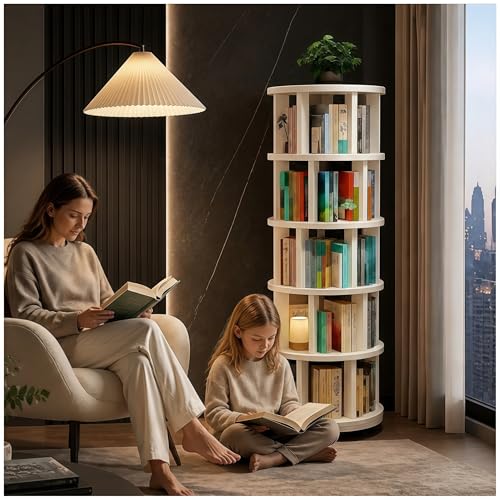 Solid Wood Rotating Round Bookshelf Towers with Wheels, White Revolving Bookcase 5 Tier 360° Wooden Book Shelf tall bookshelves, Narrow Rolling dvd Storage Rack,book storage,space saving(White - color: White, size: 5 Tier, 66.1"H