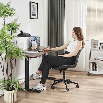 YOUNIKE Black Office Desk Chair with Wheels Armless Vanity Chair Modern | Faux Leather Upholstered with Rocking Back, Swivel Height Adjustable Small Cute Computer Rolling Task Chair Ergonomic 300lb - color: Black, size: Base Black