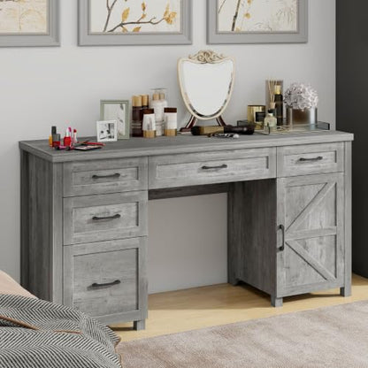 Vabches Farmhouse 61'' Executive Desk with 5 Drawers,Grey - color: Grey, size: 61" W