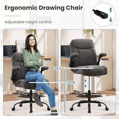 Drafting Chair Tall Office Chair for Standing Desk, Ergonomic Tall Desk Chair with Adjustable Height and Foot Ring, Flip-Up Armrests, Lumbar Support, Breathable Fabric Seat for Home Office and Studio - color: Grey