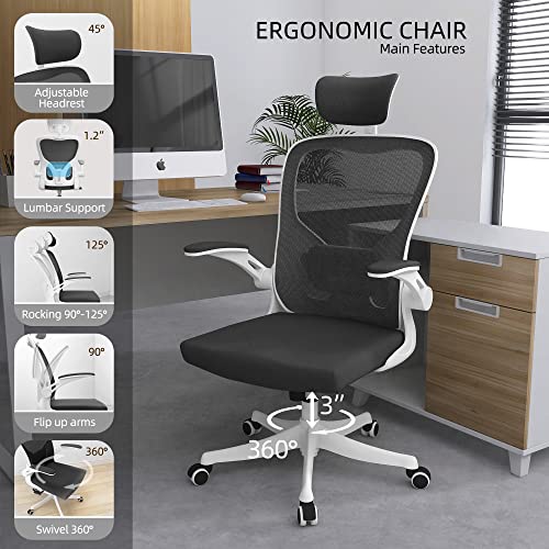 Monhey Office Chair, Ergonomic Office Chair with Lumbar Support & 3D Headrest & Flip Up Arms Home Office Desk Chairs Rockable Computer Chair Multi-Angle from 90° to 130° with 350LBS CapacityChair - color: 02white+black
