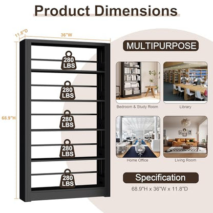5-Tier Expandable Metal Bookshelf, 69"Heavy Duty Adjustable Shelves(Black) | Large,280LB Load Capacity Each Shelf,Industrial Sturdy Bookshelf,Easy Assembly,Wide/Tall/Deep Bookcase - color: Black, size: 69"H*36"W