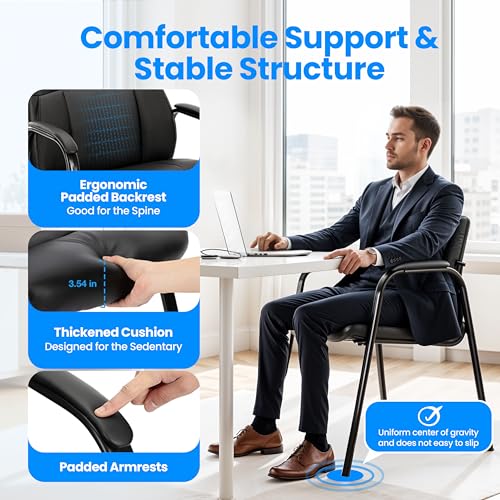 Simple Deluxe Office Guest Chair with Padded Arm Rest No Wheels, Waiting Room Reception Leather Stationary Chairs for Conference Room, Lobby, Home, Desk Table Side, Dining, 1 Pack Thickened Cushion - color: Black, size: 1 Pack Thickened Cushion