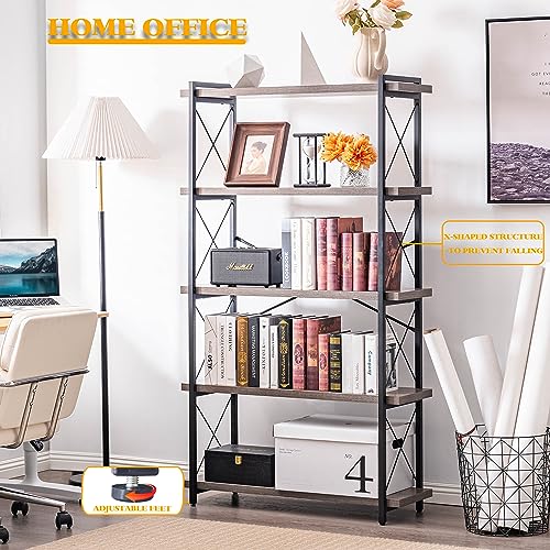 HCHQHS Bookshelf, 5-Tier Industrial Bookcase, Rustic Open Book Shelf, Freestanding Tall Bookshelves with Metal Frame - color: Grey, size: 5-Tier (35.8"W x 65.7"H)