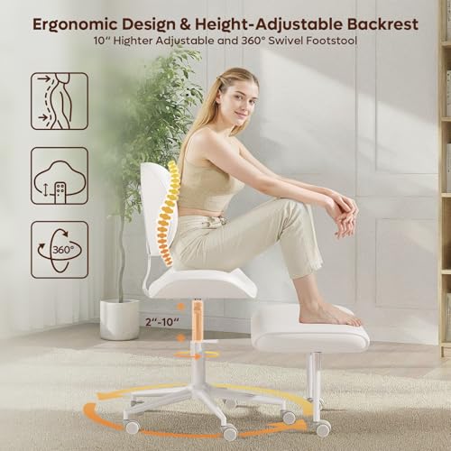 Cross Legged Office Chair with Wheels for ADHD, Ergonomic 360° Swivel Height-Adjustable Meditation Chair for Yoga, Wide Kneeling Chair with Strong Lumbar Support, PU Leather, Off White - color: Off White-pu