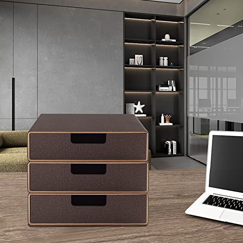 Stackable Organizer Drawer Classic Brown Pu Leather Handmade,Organize Home Office Desk Accessories and Sort Letter-Size Paper/a4 Document,Desk Caddy with Drawers Storage Box,13.1x10x3.7inches - color: Coffee Linen Texture