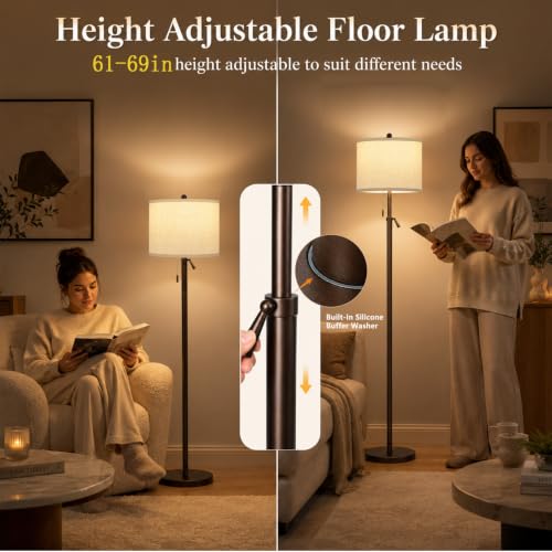61-69" Adjustable Floor Lamp, Tall Standing Lamp, 3Way Bulb, Pull Chain