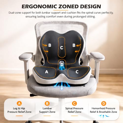 Seat Cushion and Lumbar Support for Office Chair & Car Seat, Memory Foam Ergonomic Design for Long Sitting, Sciatica Support & Tailbone Pressure Relief