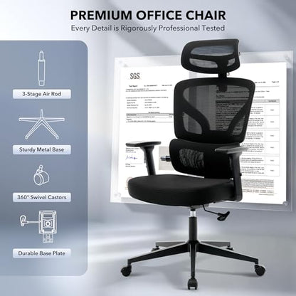 Ergonomic Office Chair Mesh – Adjustable Lumbar 3D Armrests High-Back Desk - color: Black-p