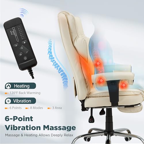 Ergonomic Executive Office Chair, 6-Point Massage Manager Chair with Heating Function, Adjustable Backrest Home Office Chair with Adjustable Footrest and Armrests (Beige) - color: Beige